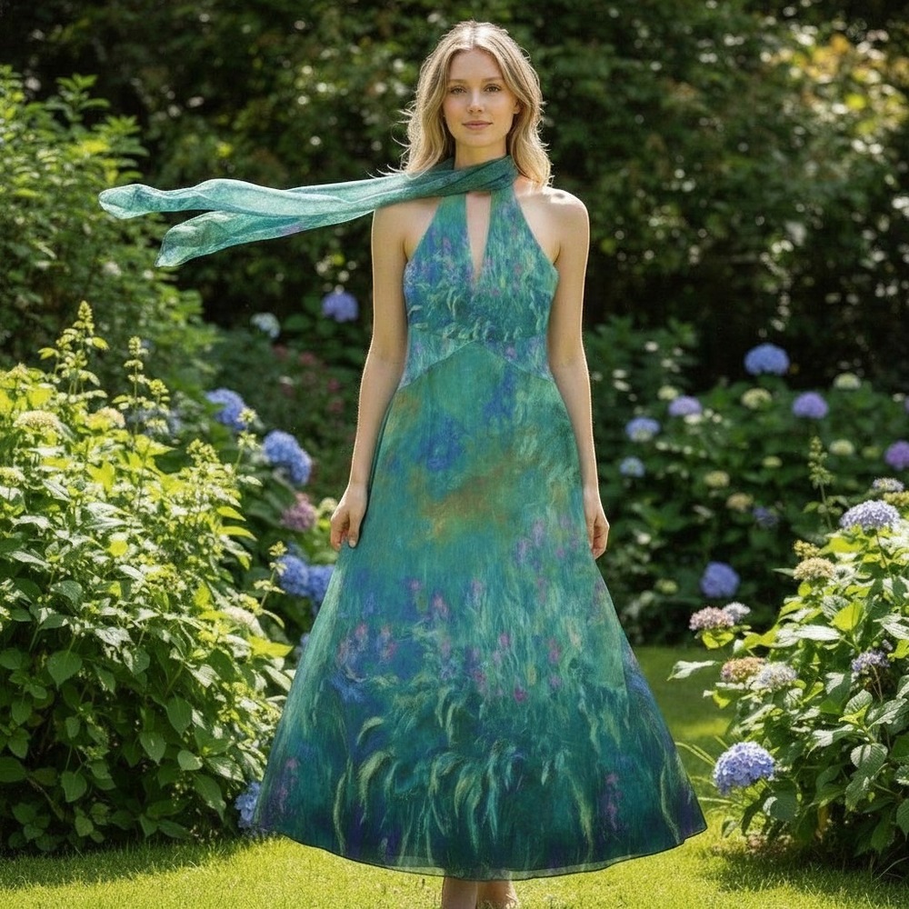 Forest Fairy Goddess Maxi Dress SMALL Green Monet Irises Painting Wedding YLLW